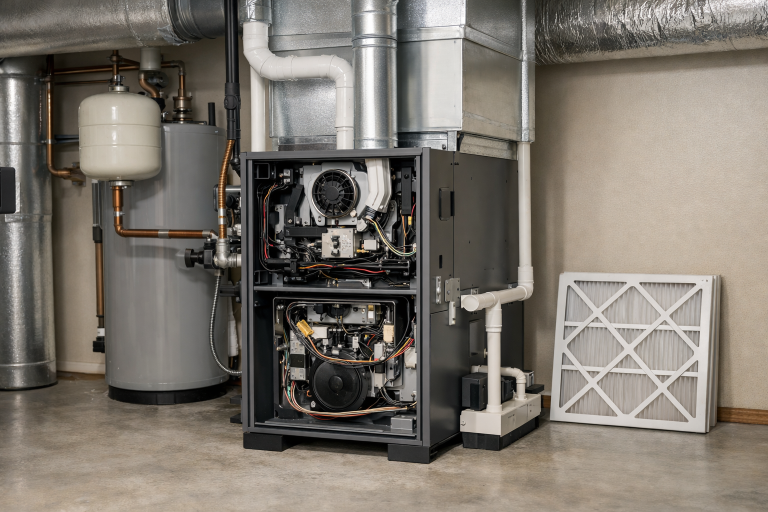 Residential heating system with access panel open, showing internal components during annual maintenance