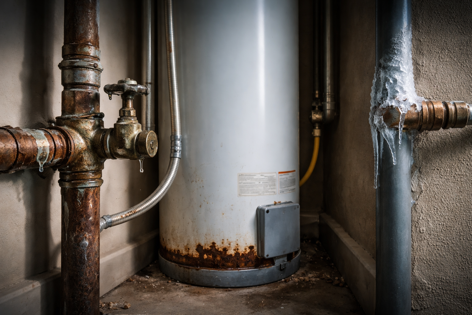 Residential water heater and pipes showing corrosion, leakage, and freezing as common causes of plumbing emergencies