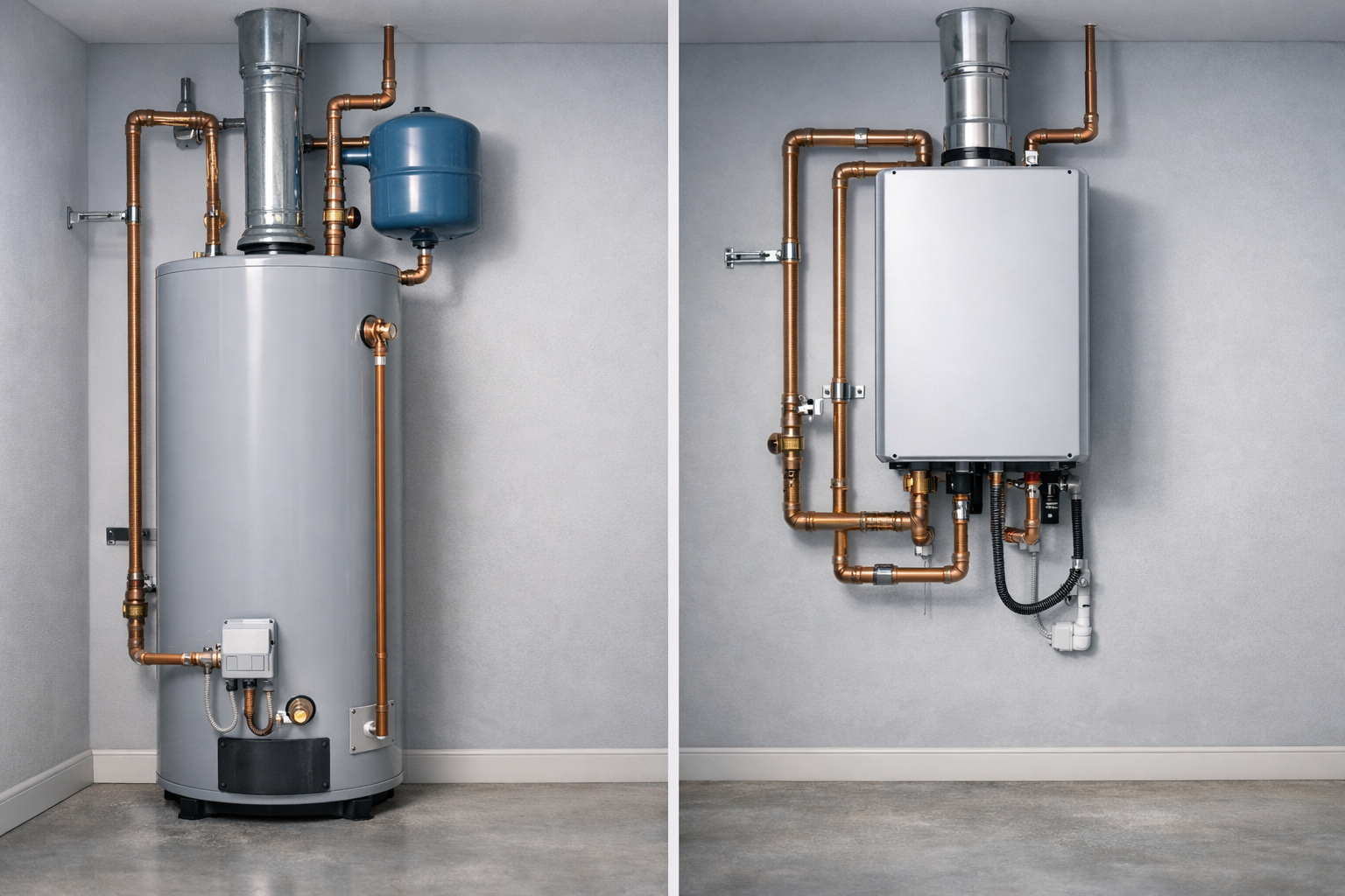 Side-by-side comparison of a traditional tank water heater and a wall-mounted tankless water heater