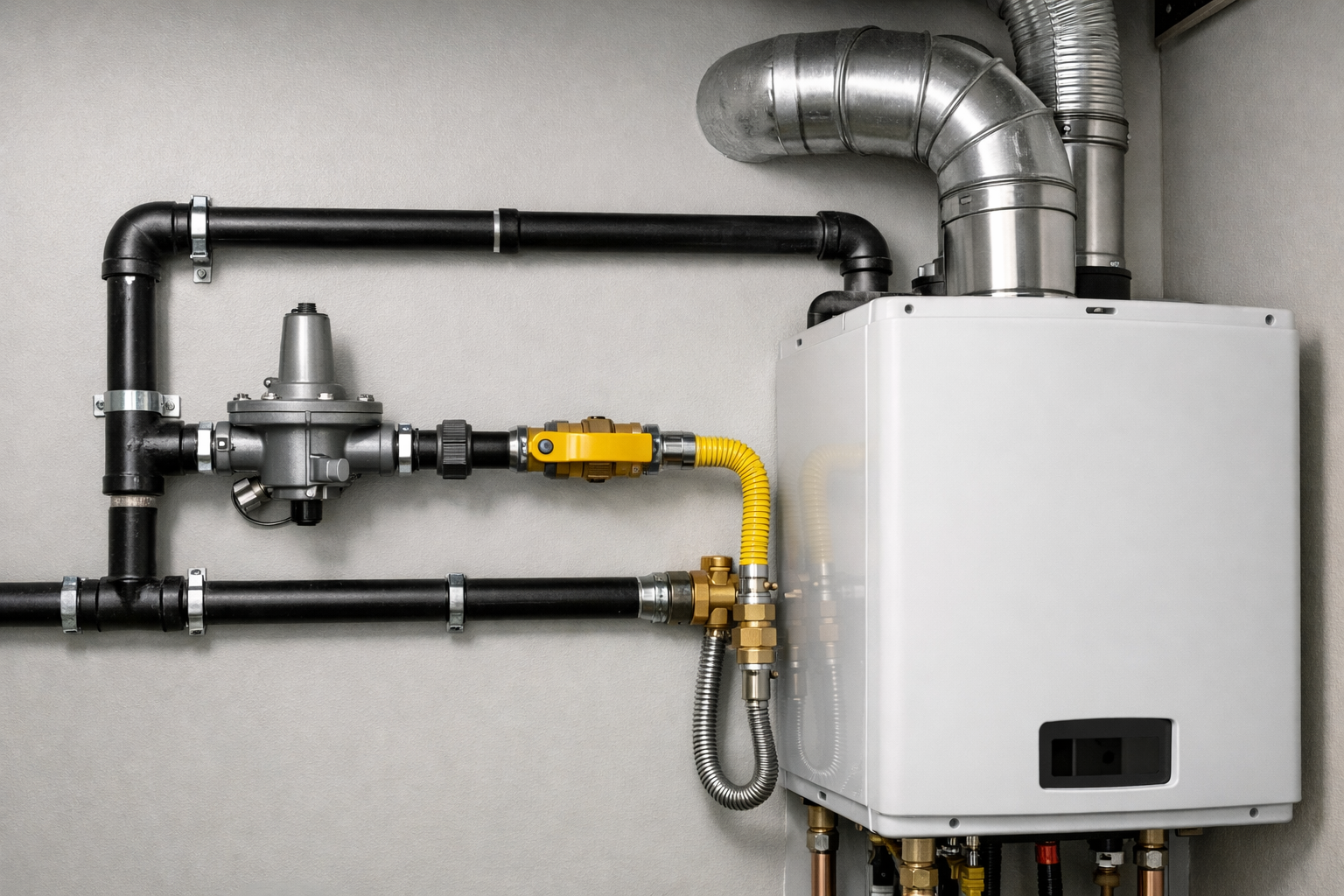 Residential gas appliance installation showing gas piping, shutoff valve, regulator, and venting connections