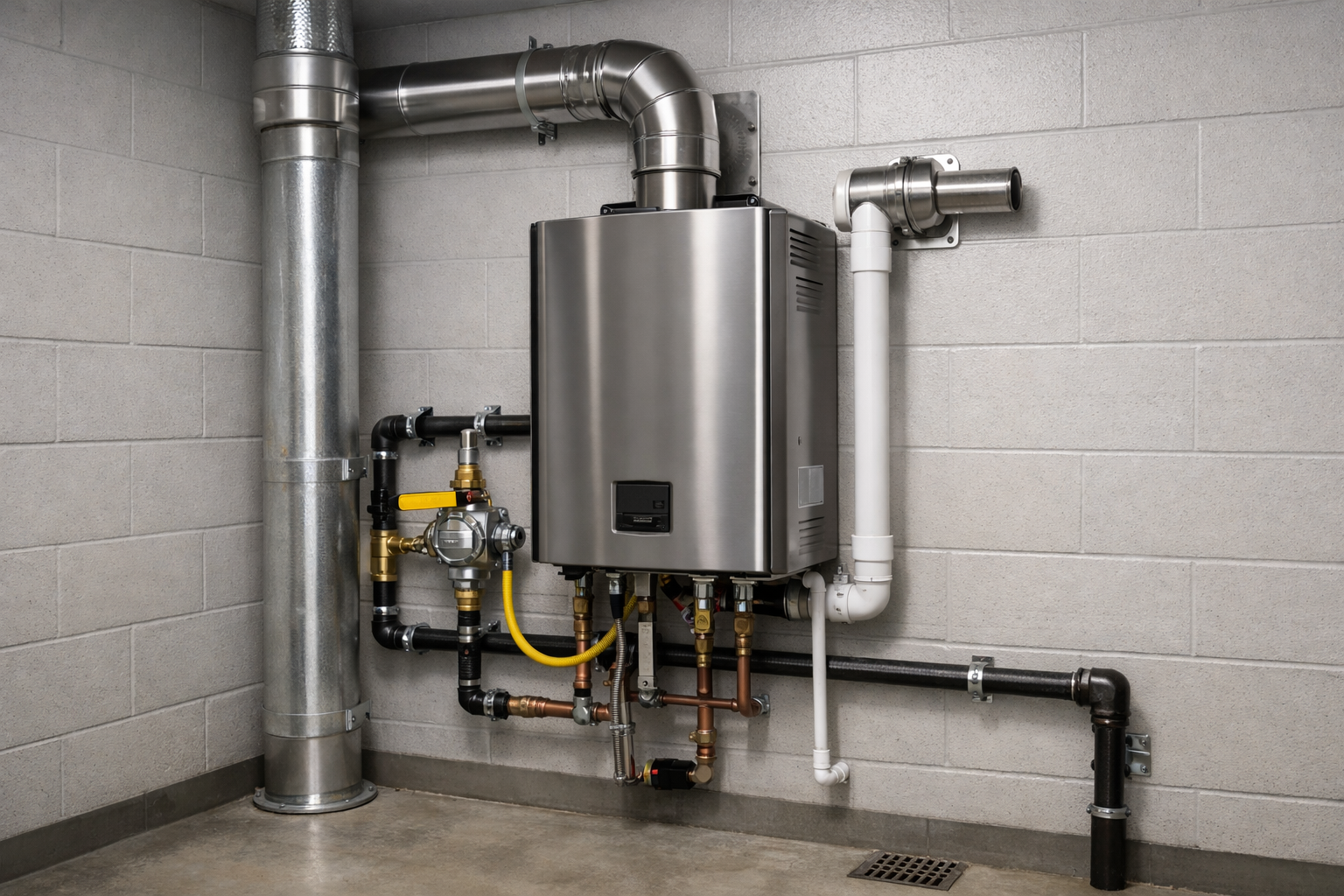 Code-compliant gas appliance installation with proper venting, gas shutoff valve, regulator, and piping connections