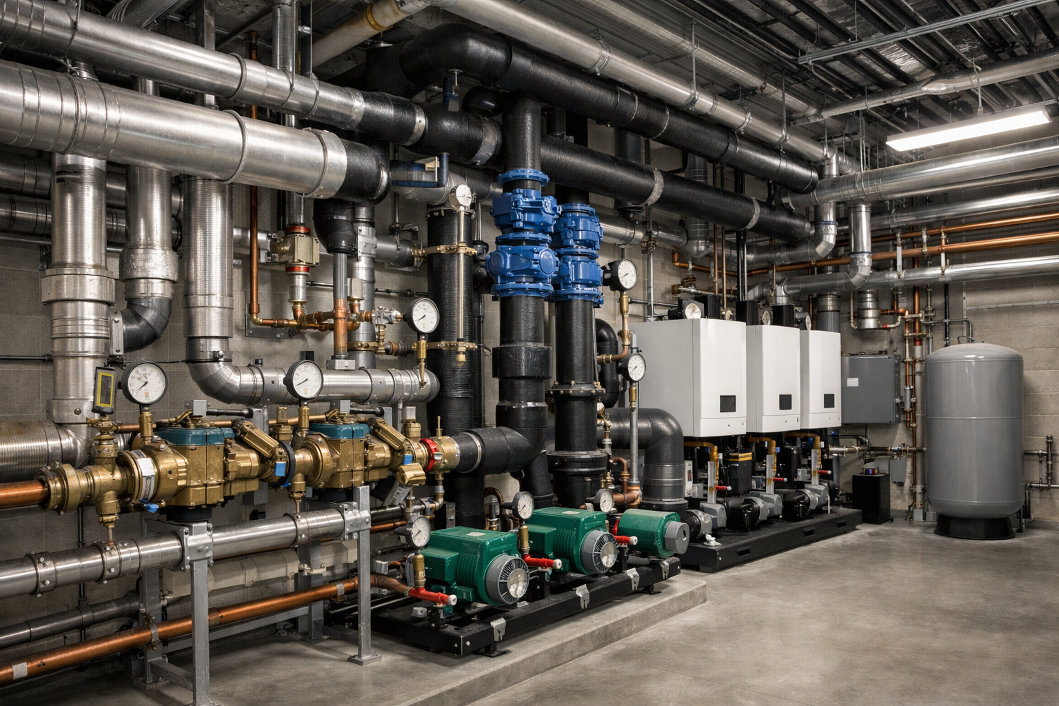 Commercial mechanical room with complex plumbing systems, pumps, valves, and pressure gauges