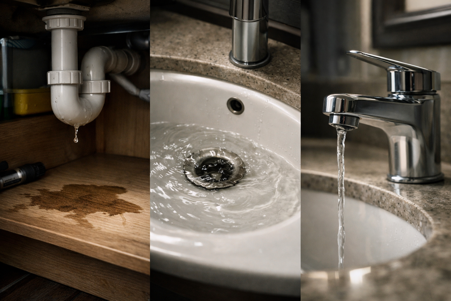 Common early signs of plumbing problems including leaking pipes, slow drains, and dripping faucets in a home