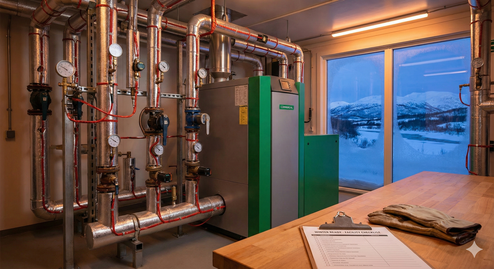 Commercial boiler room with insulated piping and heating equipment prepared for winter conditions in Whitehorse