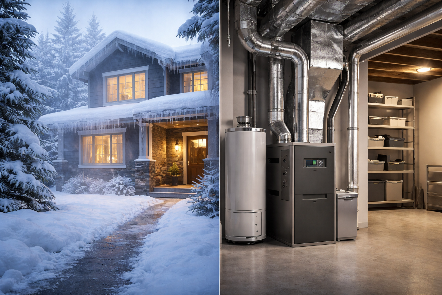 Snow-covered home exterior alongside an indoor furnace and heating system struggling in cold winter conditions
