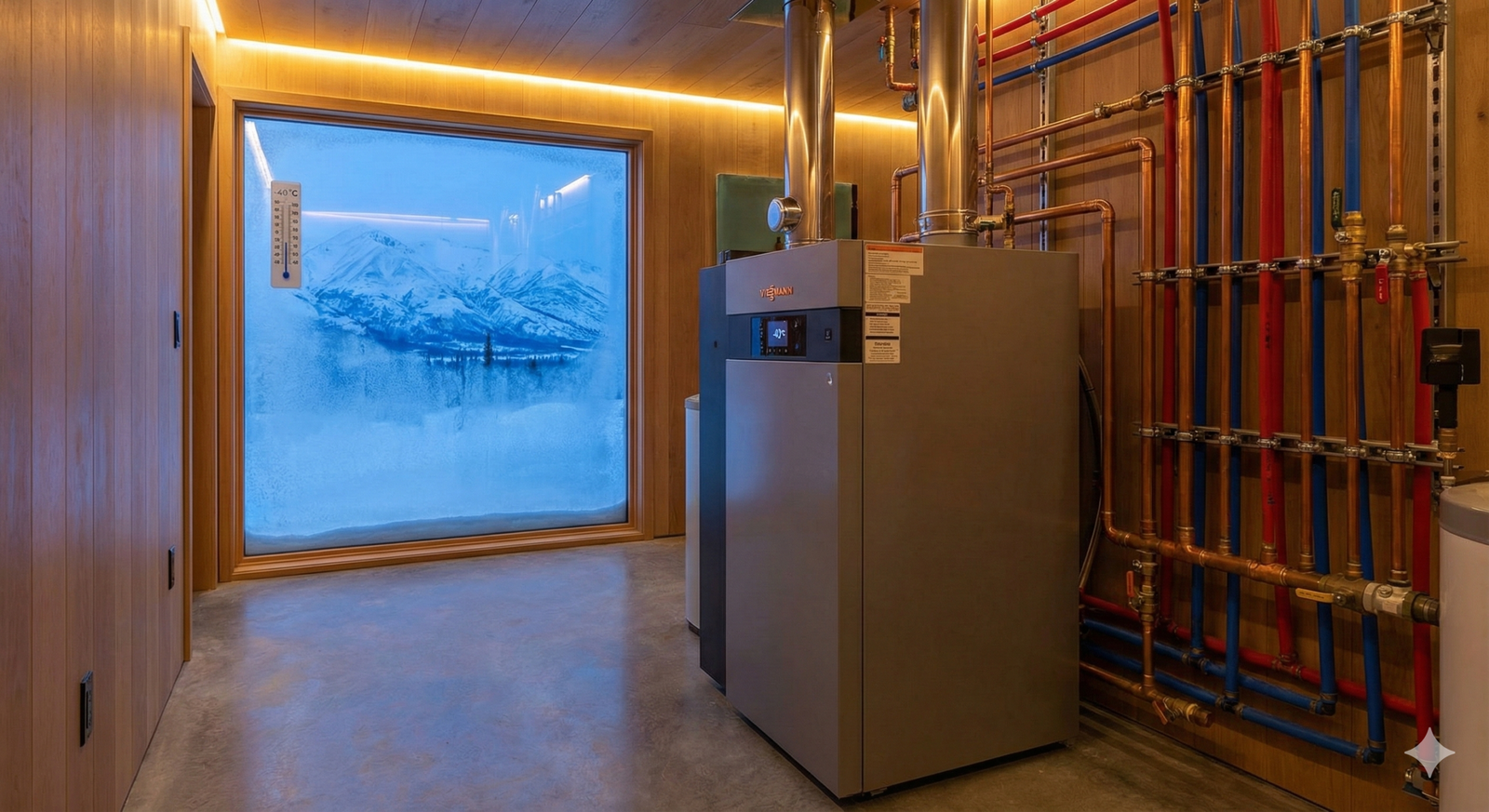 High-efficiency heating system installed in a cold-climate mechanical room with winter conditions outside