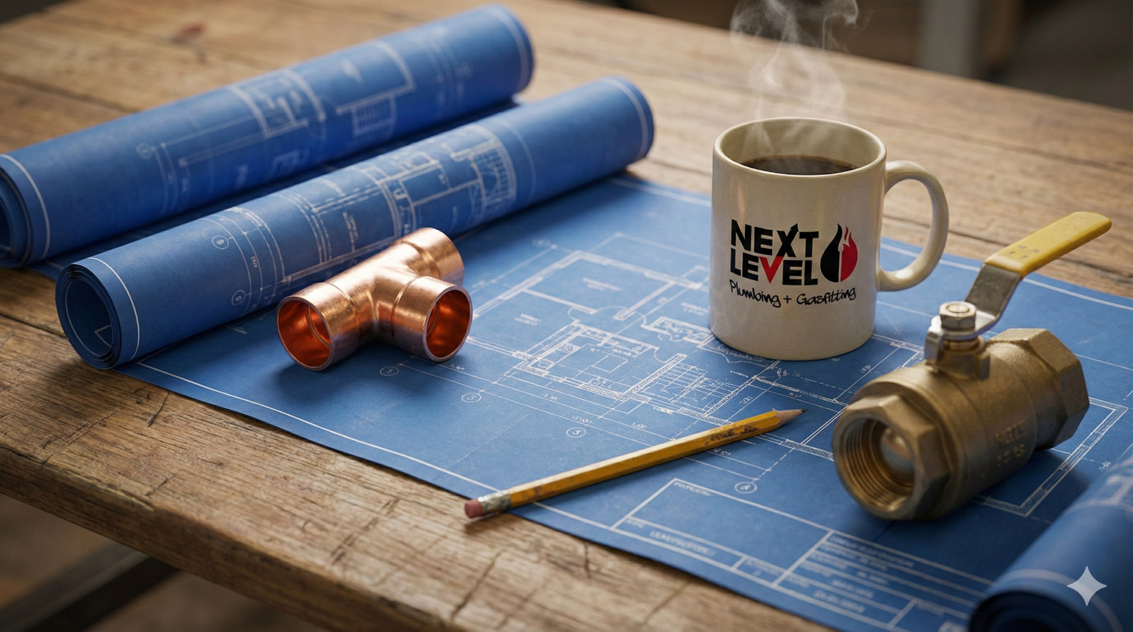 Plumbing blueprints and tools on a workbench with a Next Level Plumbing & Gas Fitting mug