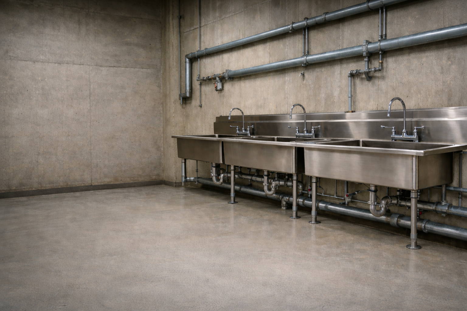 Stainless steel commercial sinks with exposed plumbing in an industrial utility space