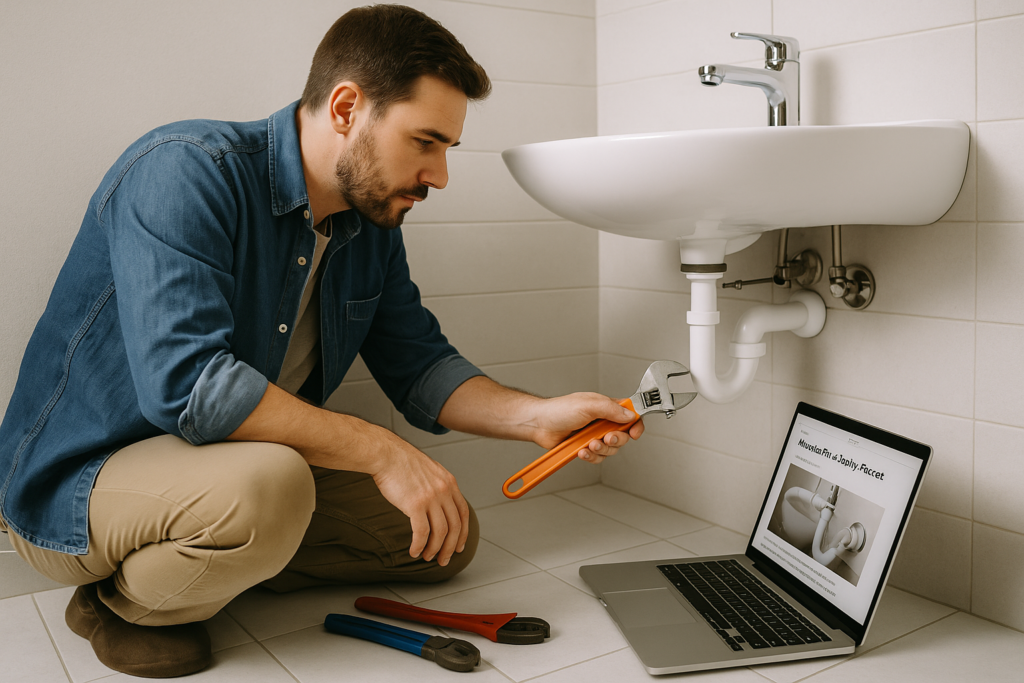 Homeowner inspecting under-sink plumbing with a wrench while reading a plumbing guide on a laptop