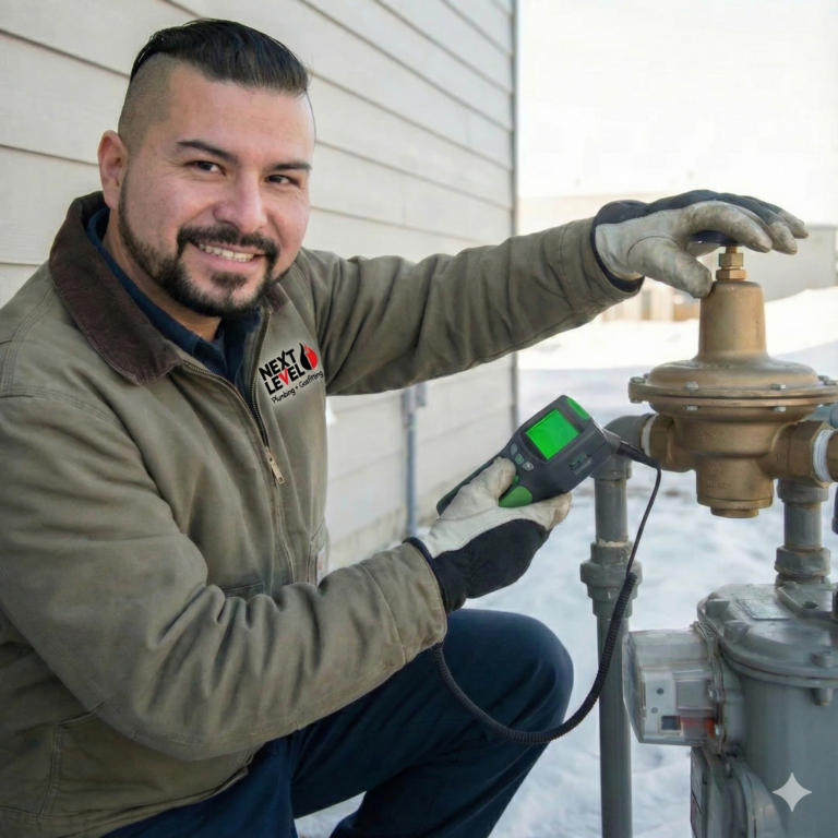 Licensed gas fitter inspecting a gas meter with electronic detection equipment in Whitehorse and Teslin Yukon