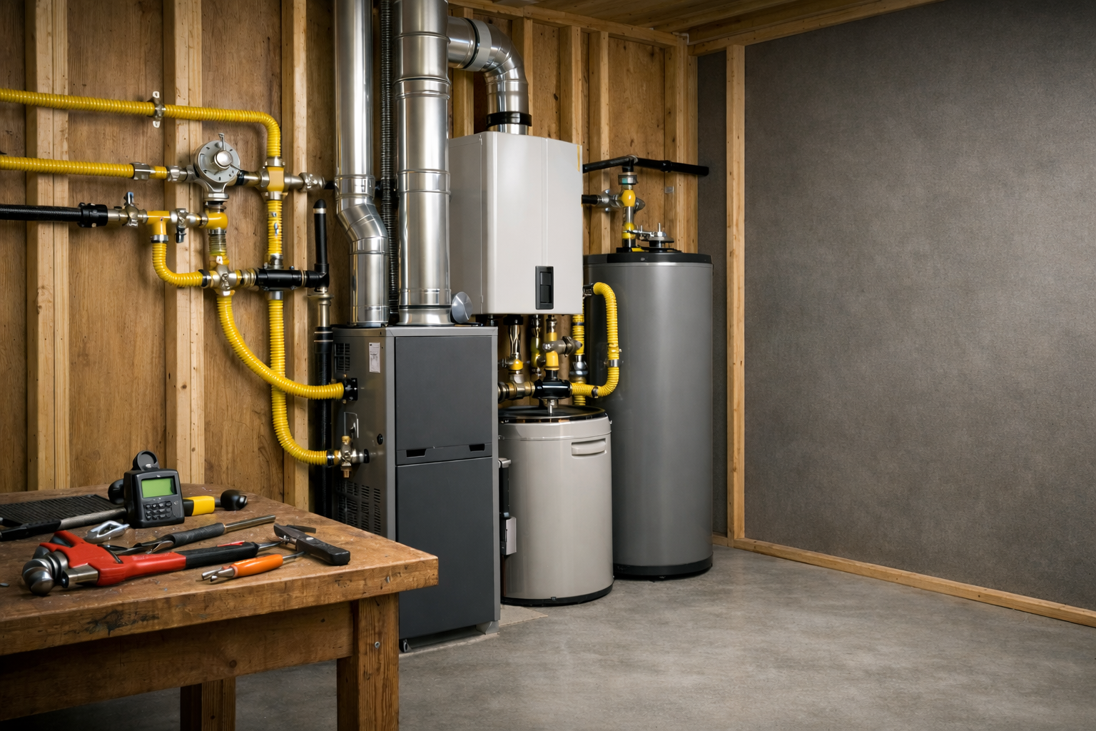 Code-compliant gas fitting installation with furnace, water heater, and gas piping in a mechanical room