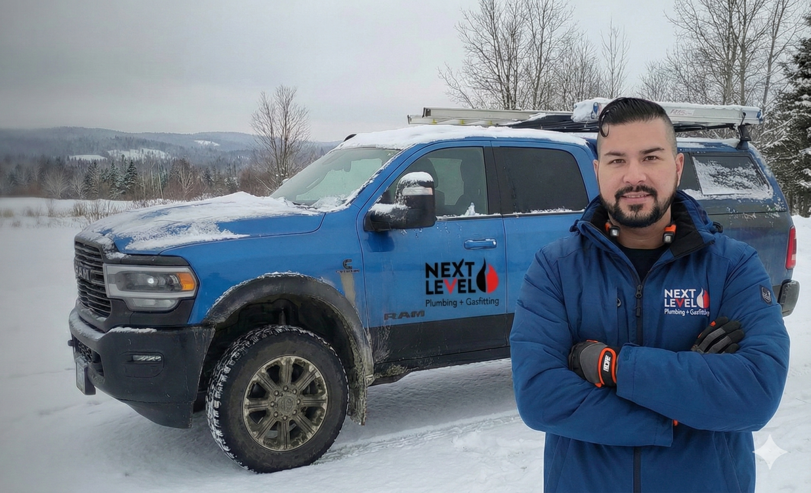 Owner of Next Level Plumbing & Gas Fitting standing beside a branded service truck in winter conditions