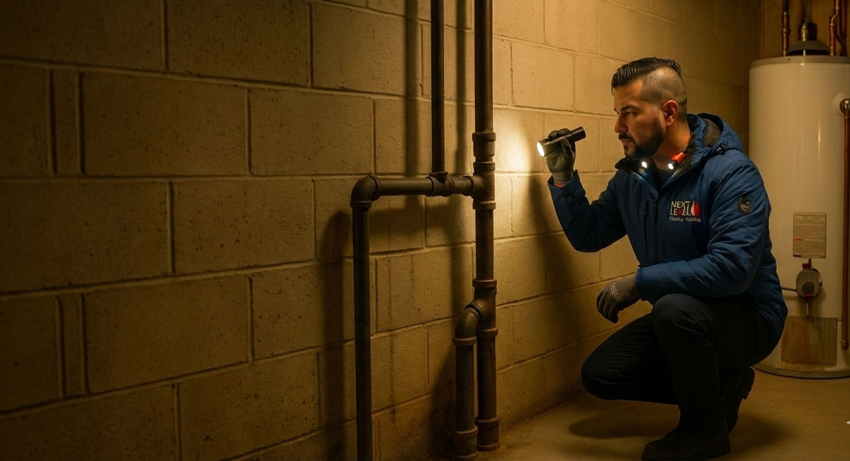 Licensed plumber inspecting exposed piping in Whitehorse Yukon mechanical room