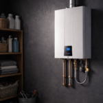 Wall-mounted tankless water heater installed with copper piping in Whitehorse and Teslin Yukon