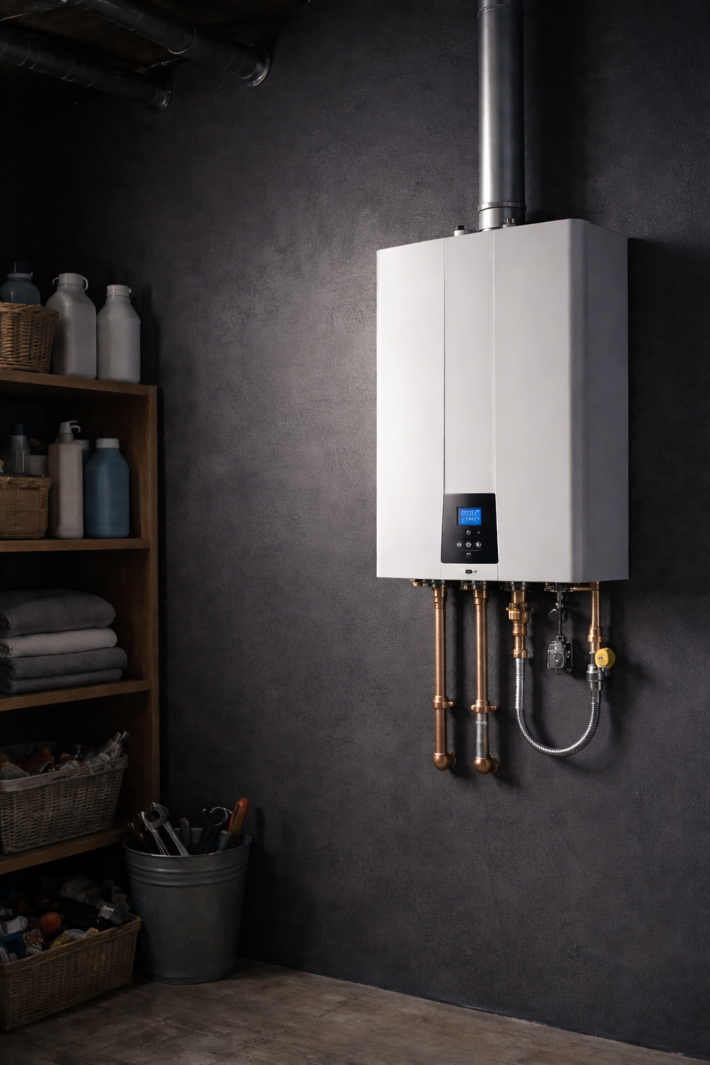 Wall-mounted tankless water heater installed with copper piping in Whitehorse and Teslin Yukon