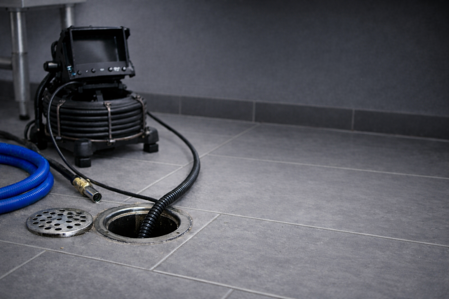 Professional drain cleaning equipment clearing a blocked floor drain in Whitehorse and Teslin Yukon