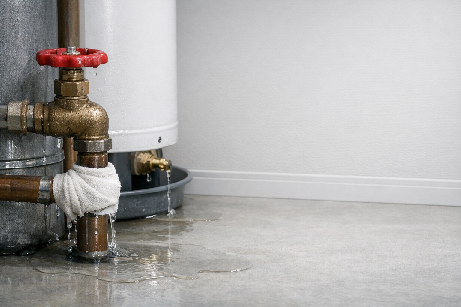 Emergency plumbing repair with leaking pipe and water pooling on the floor in Whitehorse and Teslin Yukon